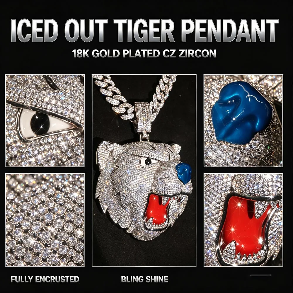 Hip Hop Blue Nose Red Enamel Shiny Oversized 3D Tiger Head Pendant Iced Out Roaring Tiger Head Pendants For Cuban Link Chain Necklace Accessories 18K Gold Plated Micro Pave CZ Zircon Charm Full Bling Crystal Fine Jewelry Gifts for Men Boy Friends Rapper
