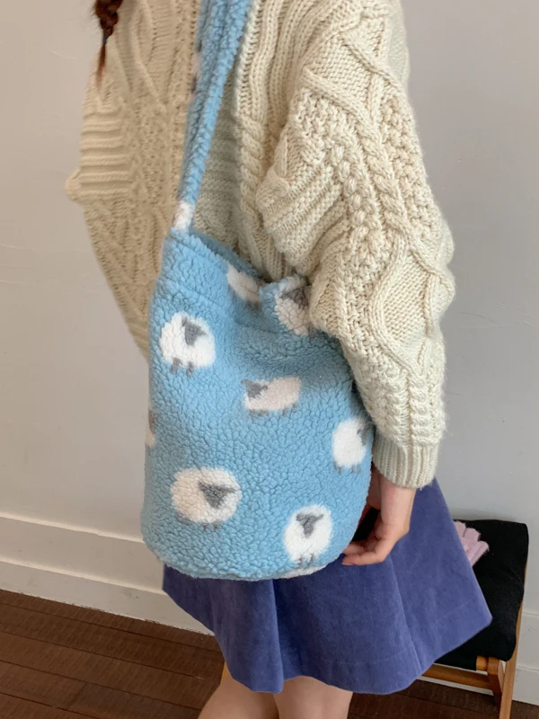 

Повседневная женская сумка-ведро через плечо из овечьей шерсти с цветочным узором, мягкая полиэстеровая сумка с магнитной застежкой, новинка зимы