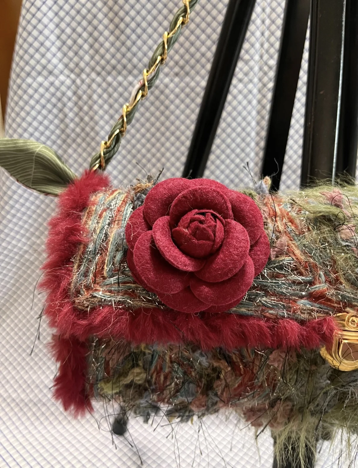 Lost in Vintage Hand Mixed Weaving Yarn Crochet Bag Flap Clutchbag Luxury Purse with Flowers Tassel Metal opening and closing