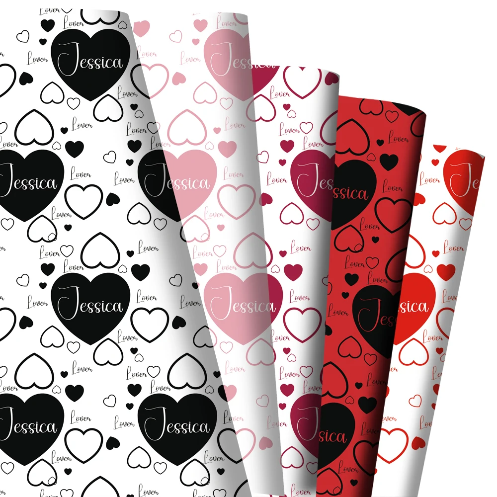Personalisiertes Geschenkpapier mit Namen, Serie Schwarz/Rosa/Rot, Geschenkverpackung zum Valentinstag, Neujahr, Hochzeitsdekoration