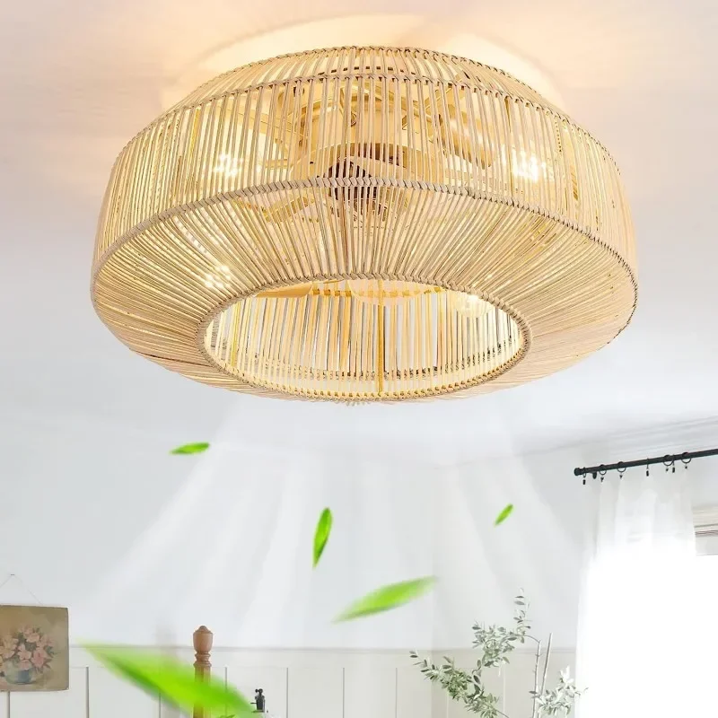 Modern Simple Ceiling Fan with Light Retro Handmade Bamboo Rattan Invisible Fan Lights Wabi-Sabi Kitchen Island Ceiling Fan Lamp