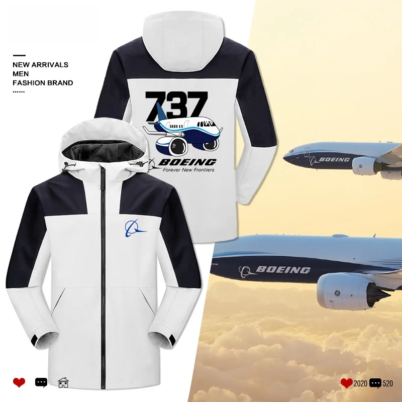 

B 737 Men's Jaet Aviation Themed Print Color Blo Bla White Windproof Polyester Zipper Decorated Stand Fit Coat