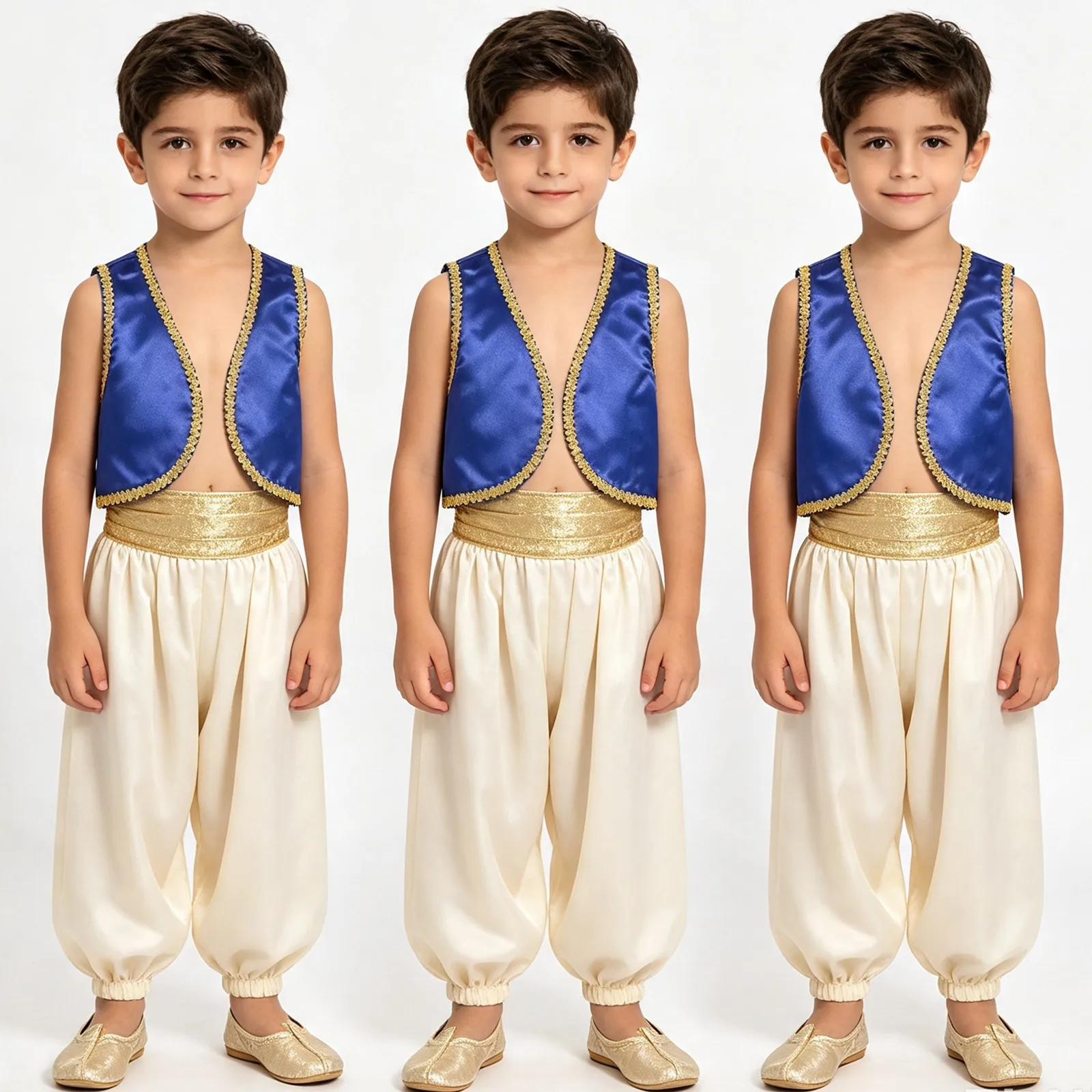 Image of Arabische Prinzenweste für Teenager-Jungen, vorne offen, Satin-Weste, Halloween-Mottoparty, Maskerade, Märchenfiguren, Cosplay-Kostüm