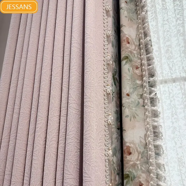 French Retro Rose Print Pink Lace Patchwork Curtains for Living Room Bedroom French Window Custom Window Screen Valance