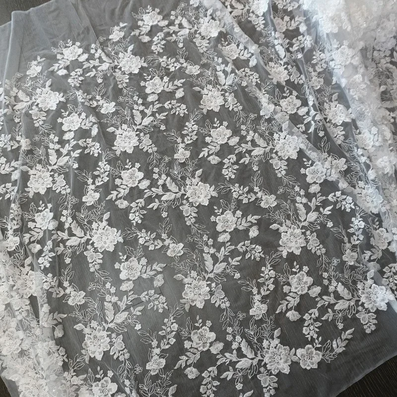 Beautiful Flower Lace Fabric with Sequins for Cheongsam Wedding Dress DIY Supplies