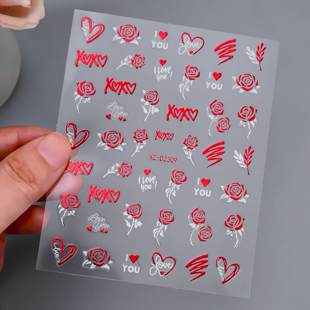 1 pçs 5d lábios vermelhos/amor arte do prego adesivos sexy dia dos namorados coração/rosa/fita auto adesivo decalques de unhas para casamento/perty decoração do prego