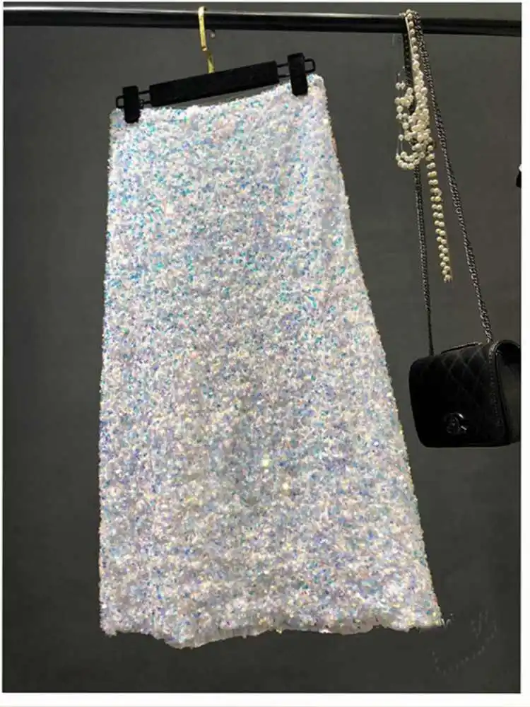 Autumn winter lady's new high-waisted sequin long skirt slimming A-line skirt sparkles every commuter over the knee skirt