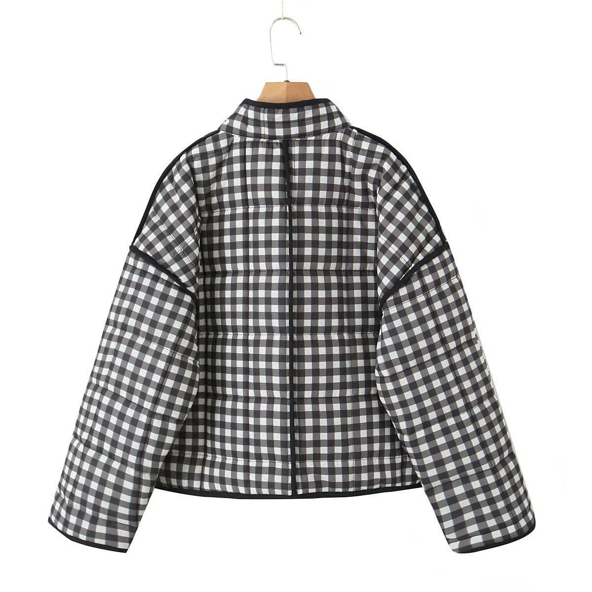 Maxdutti 2024 Black White Checkered Pocket Parka Coat Autumn And Winter Drop Shoulder Jacket Women