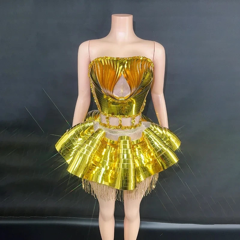 

Sparkly Gold Sequins Rhinestones Short Tube Bubble Dress Sexy Show Stage Wear Performance Dance Costume Party Celebrate Dress