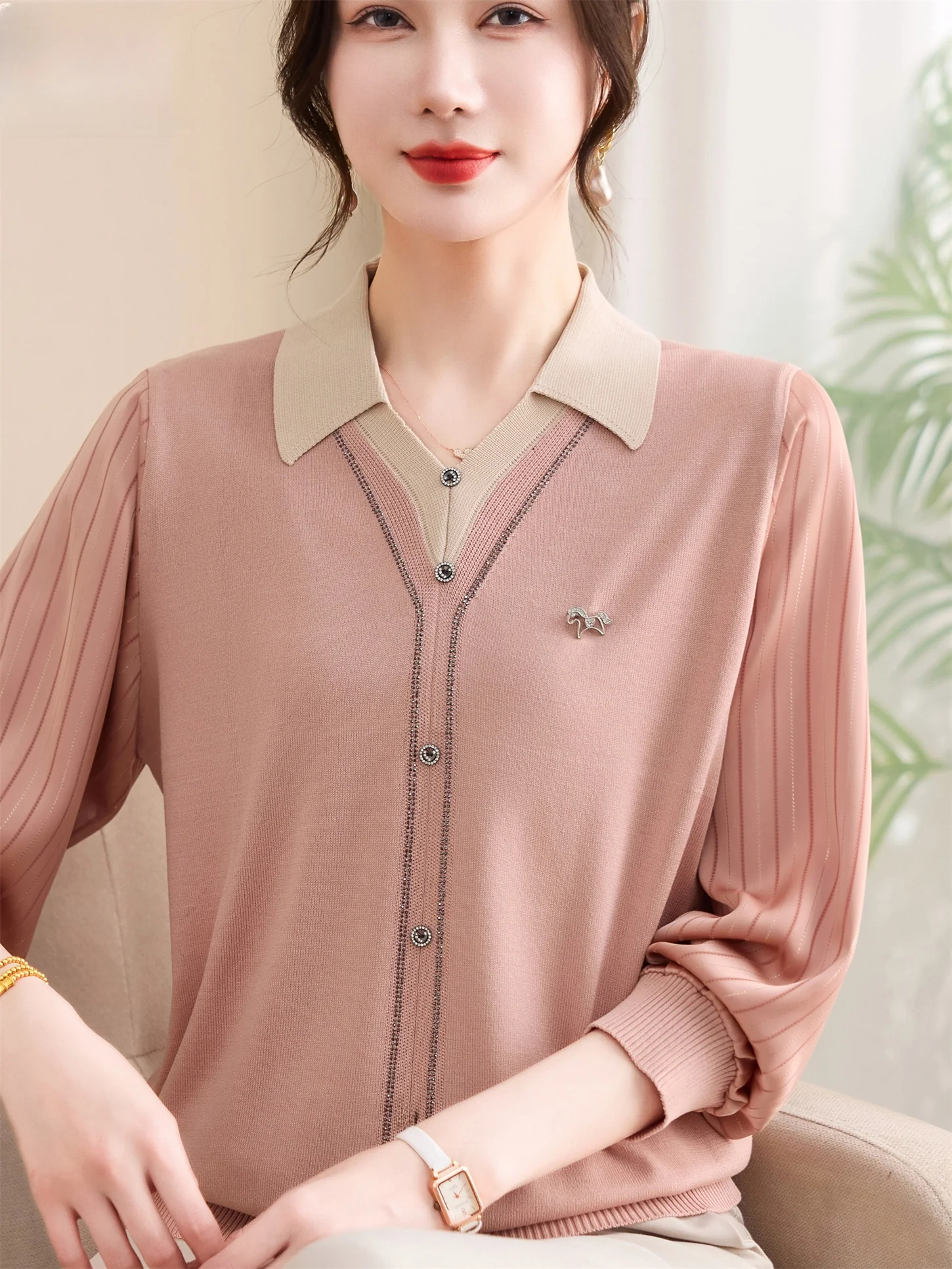 

Весенняя модная вязаная футболка для мам, свободный шифоновый топ с рукавами, базовый слой для женщин среднего возраста, удобный, дышащий, повседневный