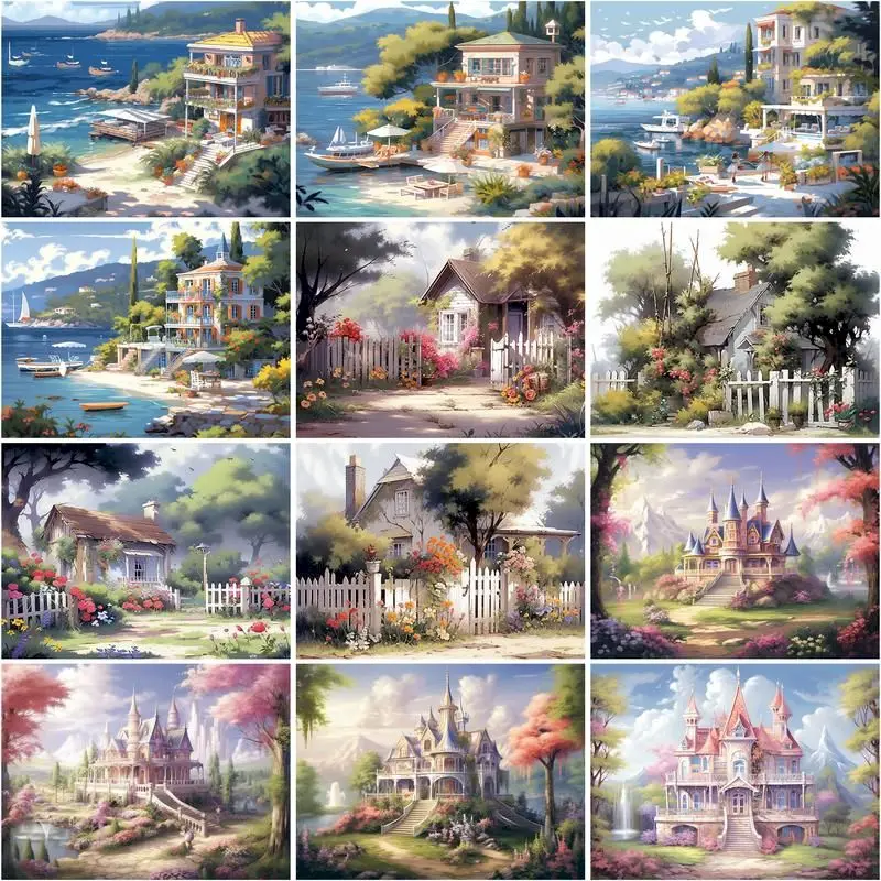 

CHENISTORY Painting By Numbers Castle House Scenery Pictures By Number Paint On Canvas Diy Gift Home Decor