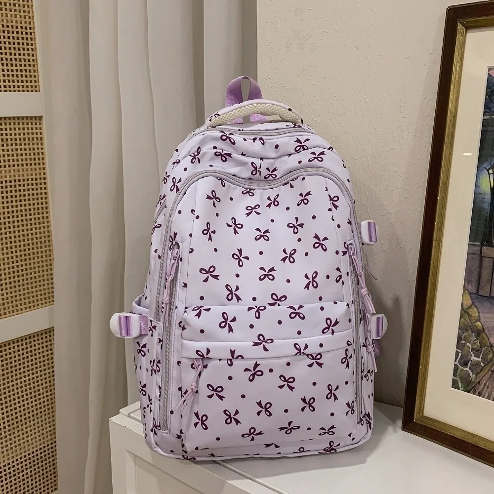 Large Capacity Floral Print Backpack Multi-compartment Thickened Bow Pattern School Bag Durable Waterproof Rucksack