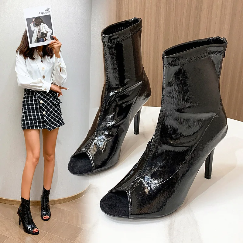 

2025 Fall Wide Width Boots Women Size 35-43 Peep Toe Stiletto Knee High Patent Leather Slim Fit Sexy Chunky Ankle Boots