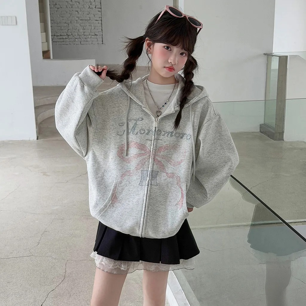 Girls Hoodie Jacket Gray Bow Print Rhinestone Autumn Children Coat 2026