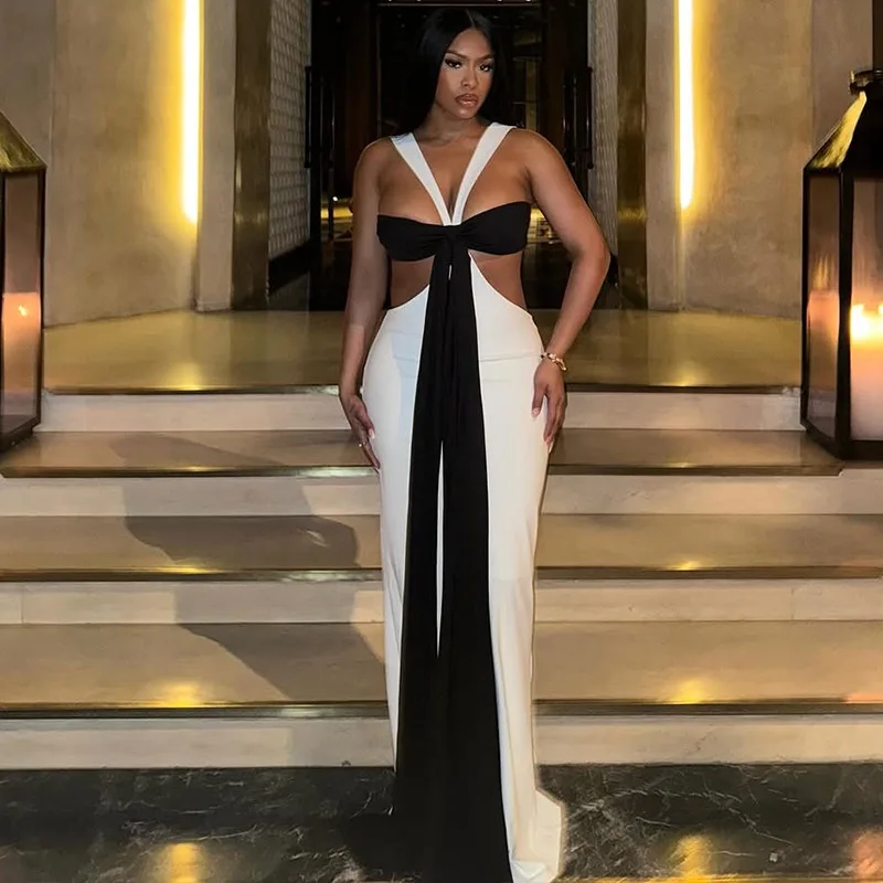 Color Patchwork Ribbon Halter Backless Bodycon Maxi Party Dress Women Sexy Strapless Hollow Out Split Slim Clubwear Long Robe