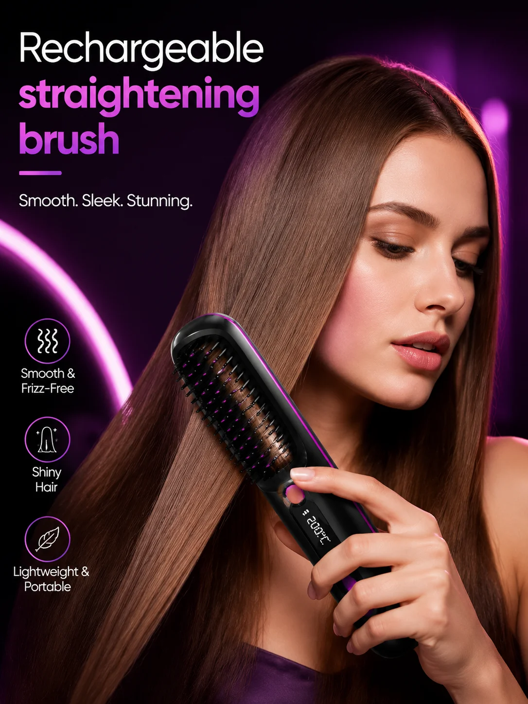 Rechargeable Hair Straightener Brush Hot Comb Fast Styling for Curly Frizzy Hair with detangling comb woman