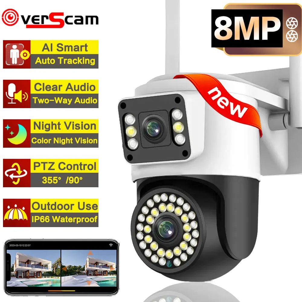 

4K 8MP Dual Lens PTZ Wifi Camera Dual Screen Dual Lens AI Human Auto Tracking 4MP Security CCTV Video Surveillance WiFi 360°Cam