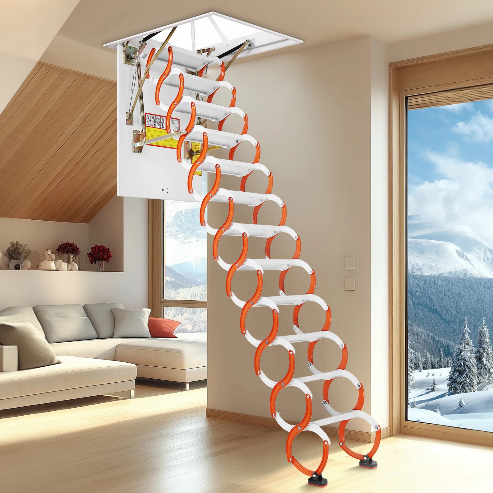 12 Step 10.17ft Adjustable Ceiling Mount Attic Ladder Load Capacity 661Lbs Folding Ladder Extension Loft Stair for RV Storehouse