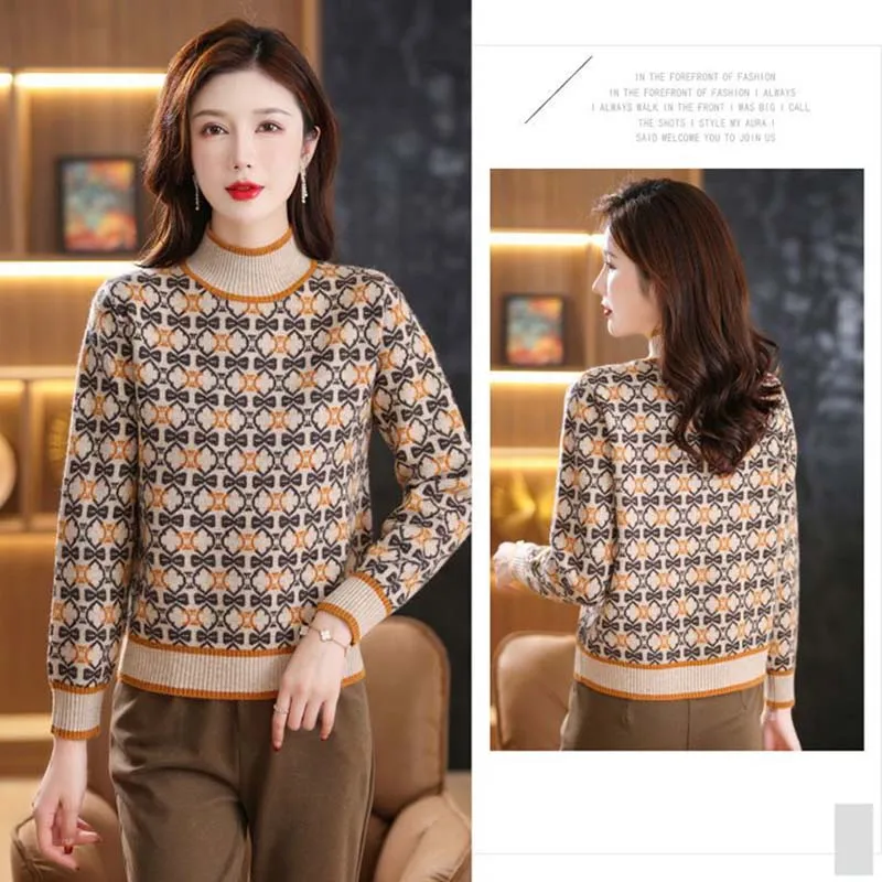 Sweter Lengan Panjang Vintage Wanita Atasan Rajut Kasual Pullover Wanita Mode Longgar Leher Palsu Jacquard Tebal Musim Gugur Musim Dingin