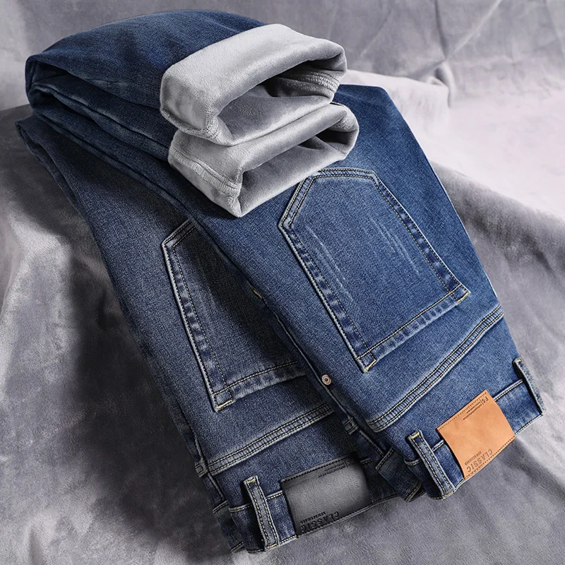 2025 Winter Warm Men's Slim Fit Fleece Jeans Thickened Elastic Washed Denim Pants Black Blue Fashion Straight Casual Trousers