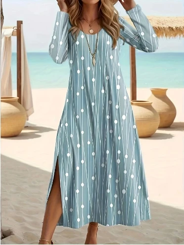 

Fashionable New Dress with A Casual Vacation Style New Printed Round Neck Long Sleeved Slit Long Dress for Women