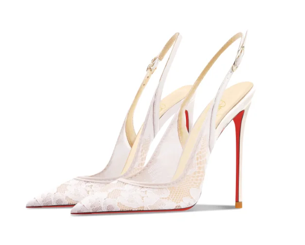 New White Lace High-heeled Sandals with Pointed Toes, Thin Heels, and Shallow Mouth, Comfortable To Wear with Just One Foot