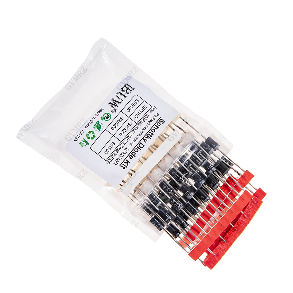 50PCS 5Values Schottky Diode Kit SR3100/SR3200/SR560/SR5100/SR5200 DO-201AD for Power Rectification SR3100 SR3200