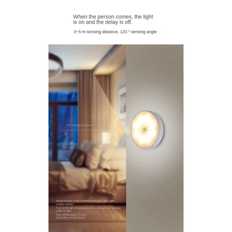 Sensor de Movimento LED Light, USB Nightlights, Chargeable Lamp for Kitchen, Quarto, Escadas, Corredor, Gabinete, Armário, Roupeiro, Novo