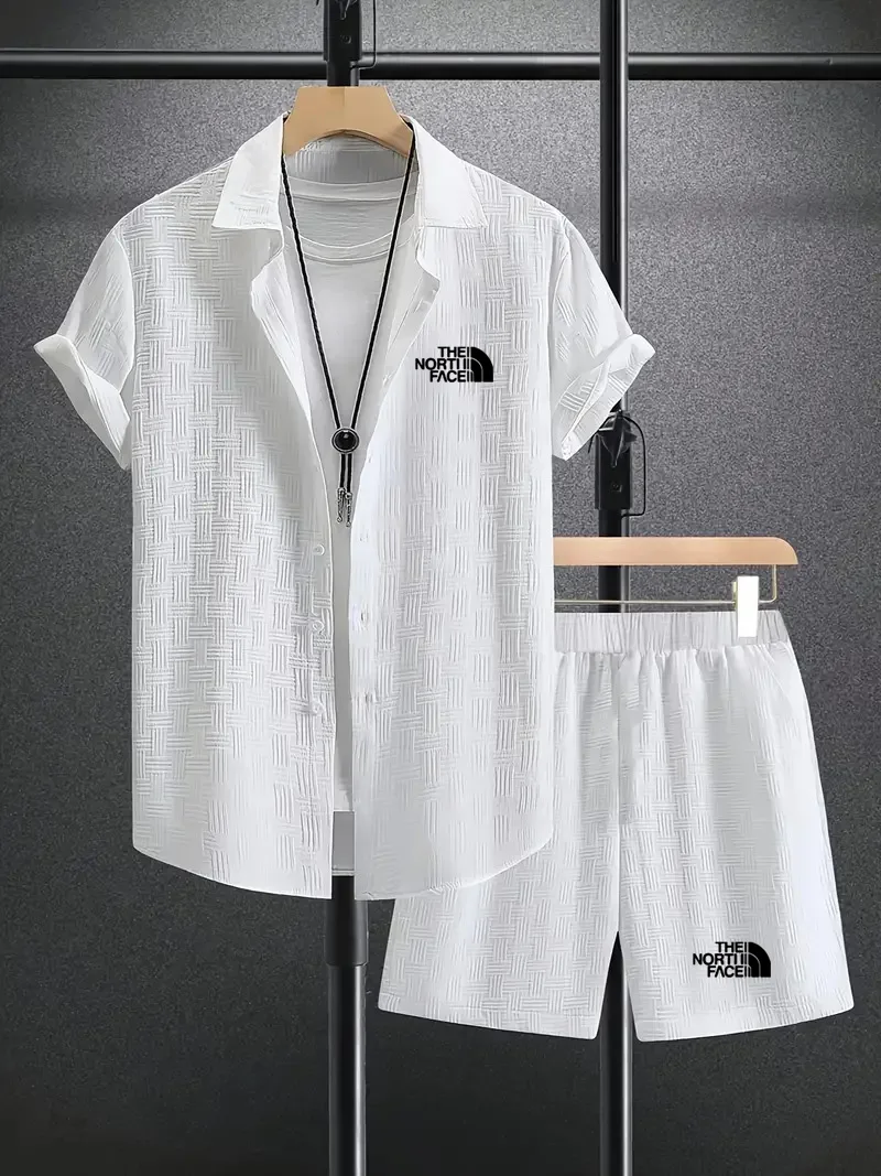 

2025 Summer New Men's Casual Daily Outdoor Travel Solid-Color Jacquard Collared Short-Sleeve Set, Exquisite Craftsmanship - Must