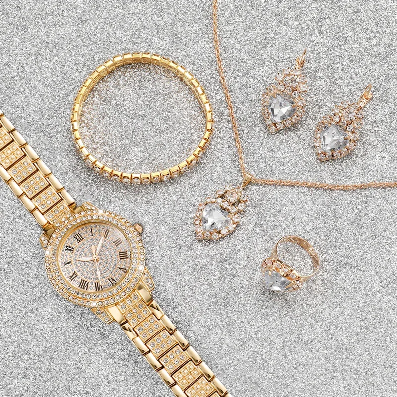 6PCS/Set أزياء الماس الكامل المرأة ووتش الذهب الصلب الفرقة الكوارتز الساعات الماس والمجوهرات مجموعة