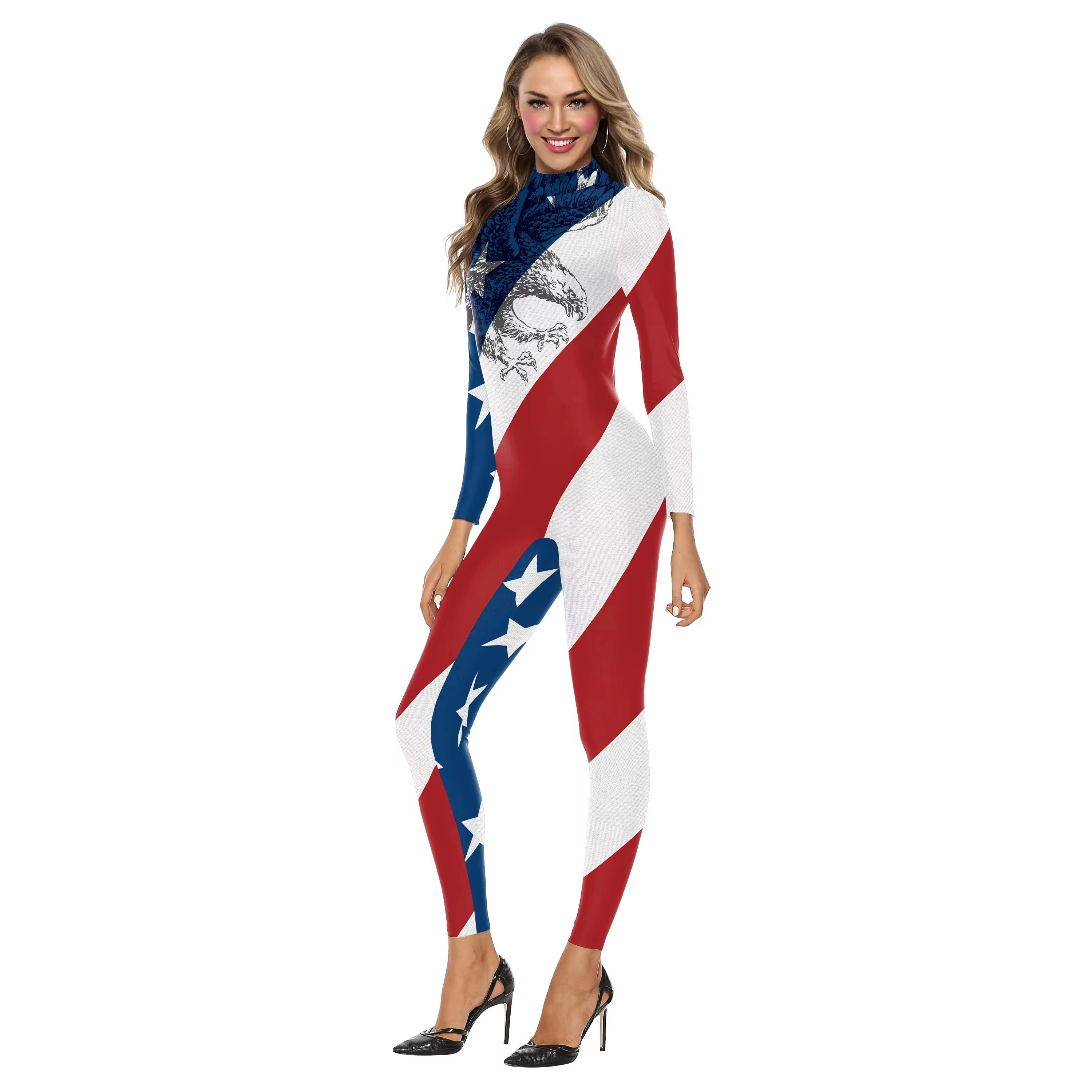 Kostium na Halloween Damski Body z Nadrukiem Cyfrowym Flagi Amerykańskiej Seksowne Body Kostium Festiwalowy dla Dziewczyn Kombinezon na Imprezę