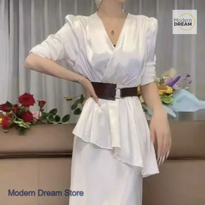 

French temperament V-neck slim Joker top women's spring and summer fashion design sense irregular hypotenuse ruffled tie waist