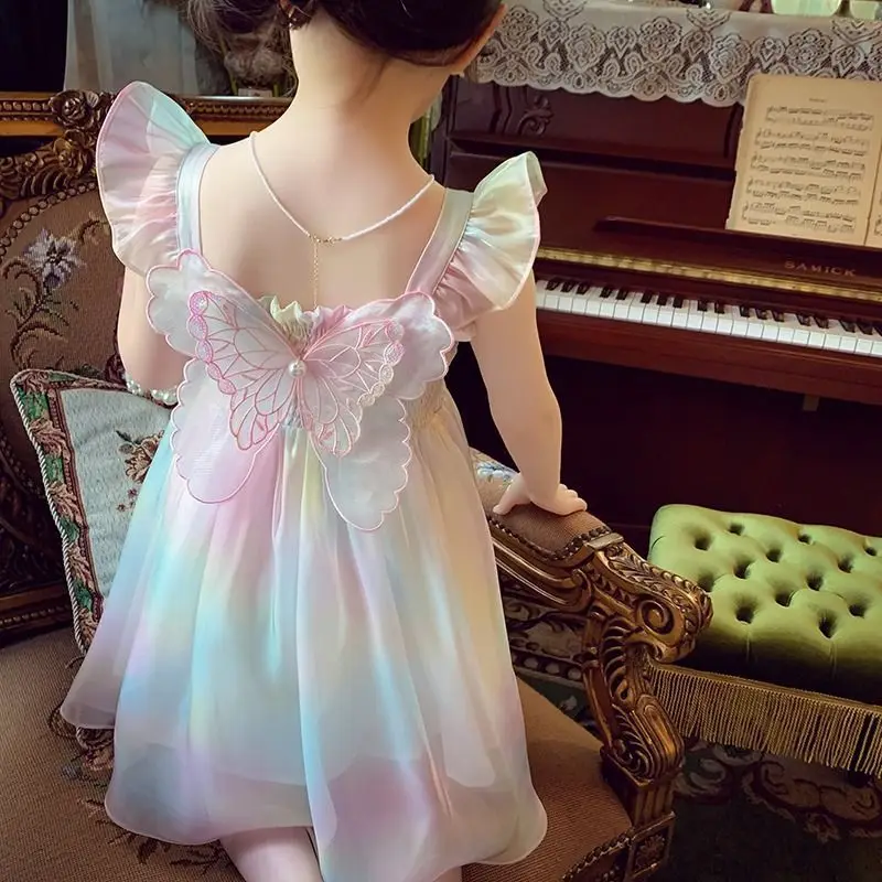 Summer Girs Sling Dress Kid Gradient RainbowTulle Butterfly Decoration Vestido Children Princess Birthday Party Princess Wedding