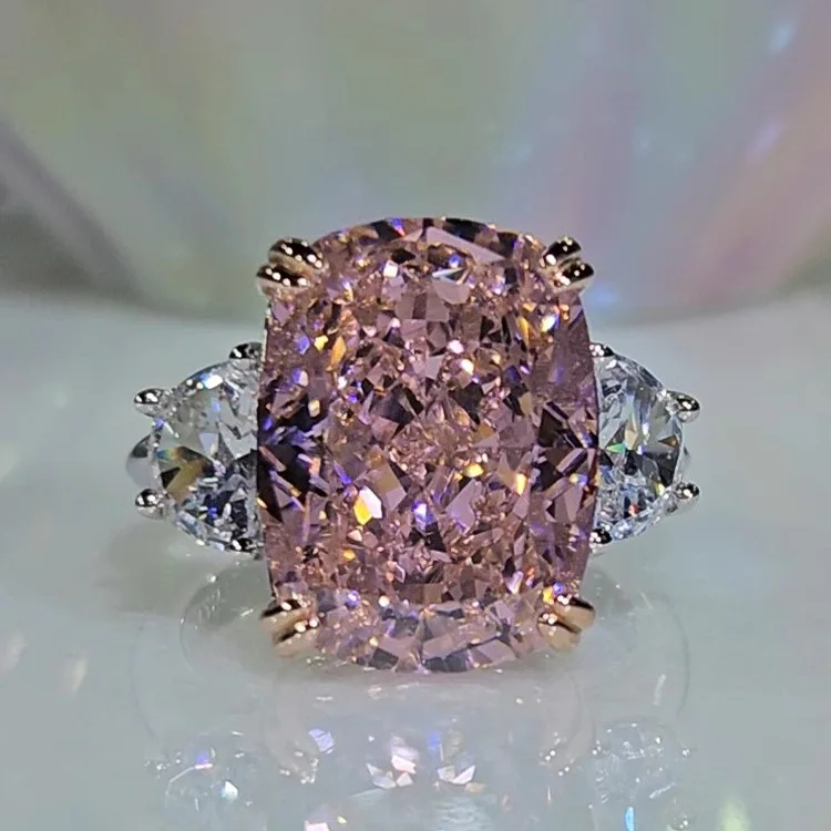 S925 Sterling Silber Ring Mode Leichter Luxus Kissenförmiger Quadratischer Diamantring Hochkarätiger Diamant Rosa Zirkonium Verlobungsring – Detail 1