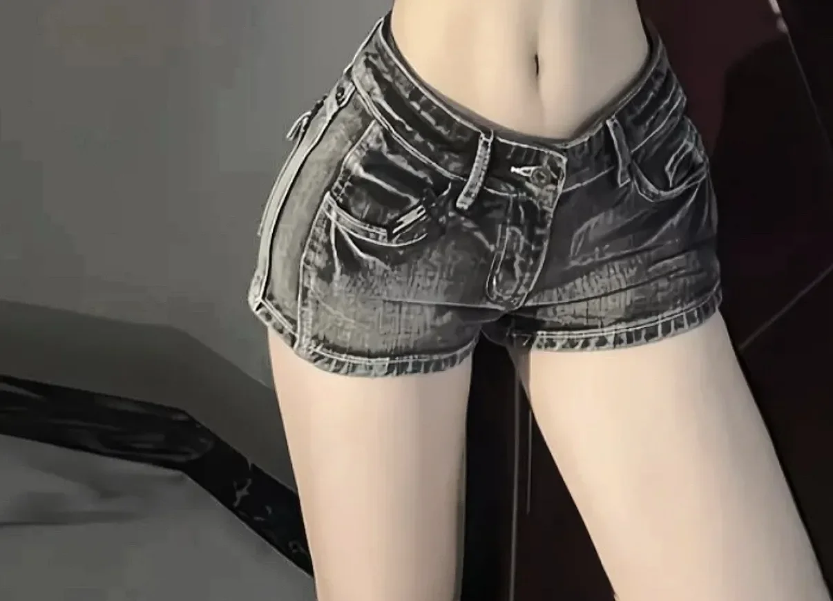 Y2K Retro American Harajuku Women's Washed Denim Shorts Y2K Fashion Black Gray Hot Girl Sexy Slim Elastic Tight Low Waist Shorts