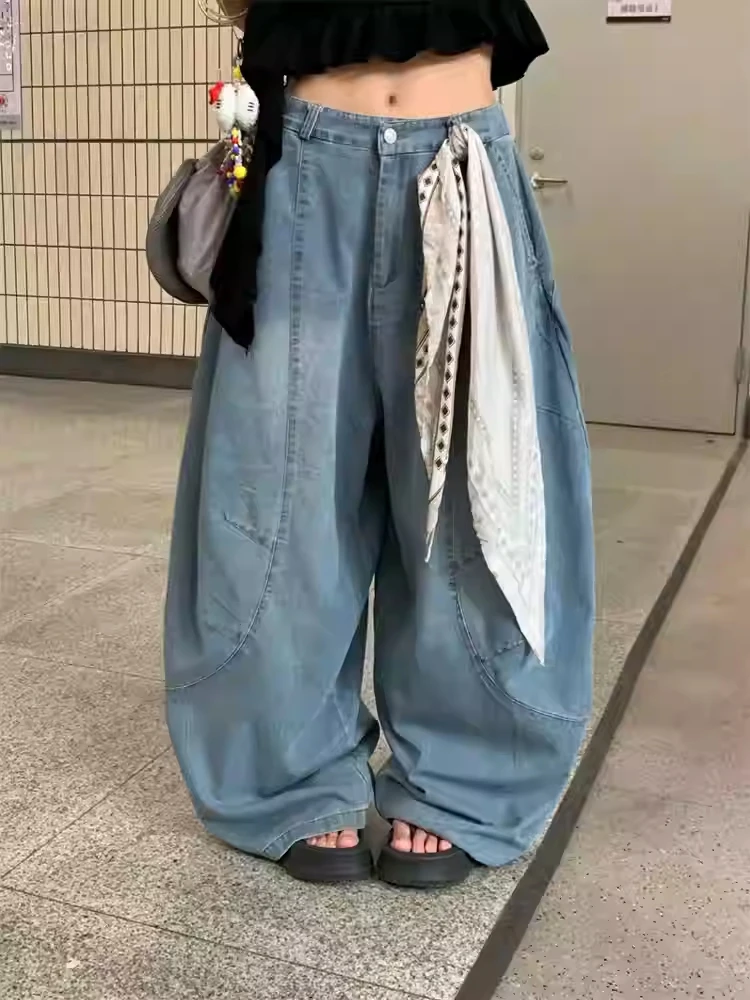 

Retro Deconstructed Wide Leg Men's Jeans Distressed Washed Bend Knife Loose Fit Denim Pants Vintage Style Casual Trousers