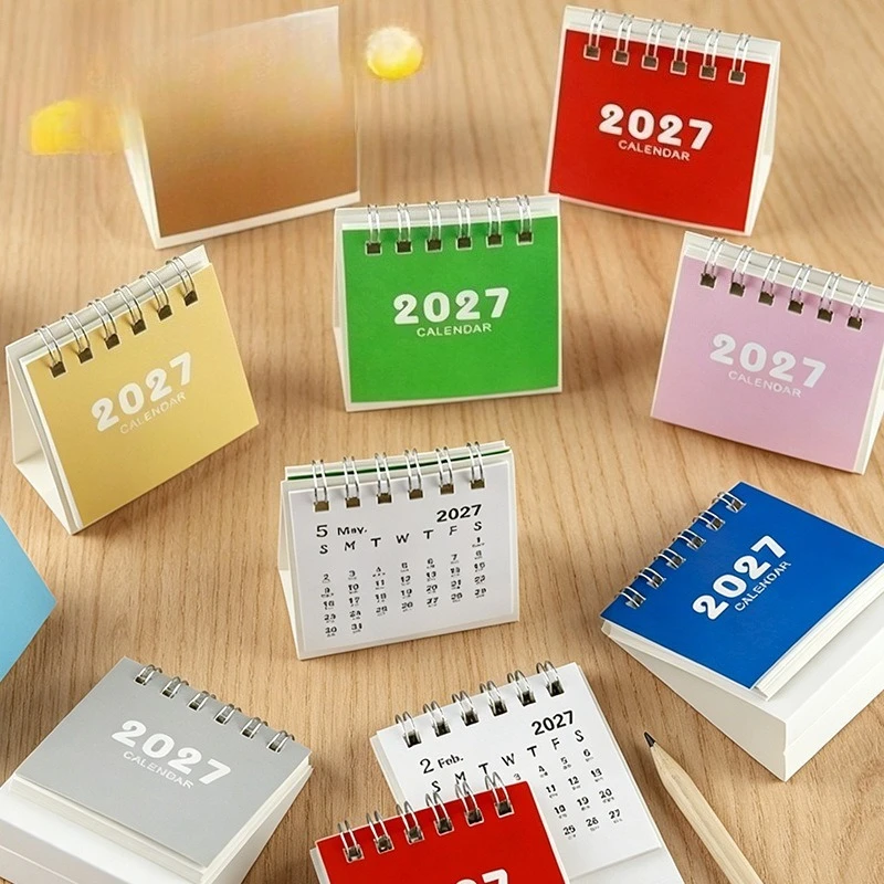 2027 Mini Desktop Calendar 3-Pack Simple Solid Color Coil Small Calendar Office Desktop Memo Notes Small Calendar