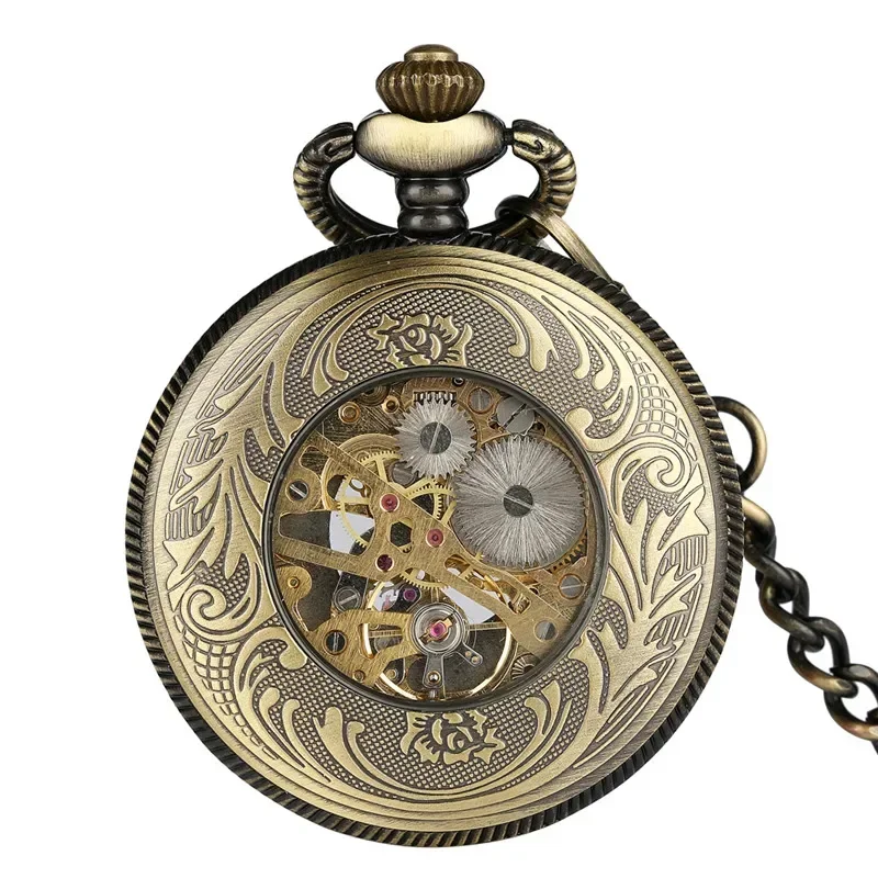 Classic Bronze Hollow Sun Flower Case Design Skeleton Handwind Mechanical Pocket Watch Gift to Men Women Roman Number Dial