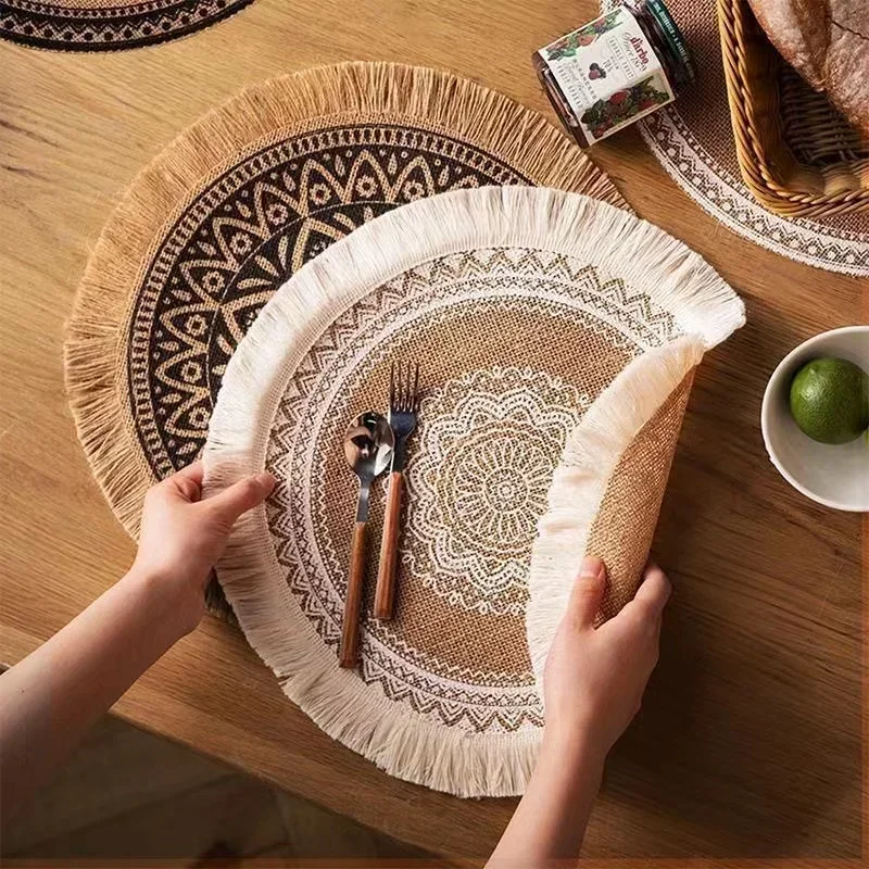 Boho Round Placemat 15 Inch Farmhouse Woven Jute Fringe TableMats with Pompom Tassel Place Mat for Dining Room INS Table Decors