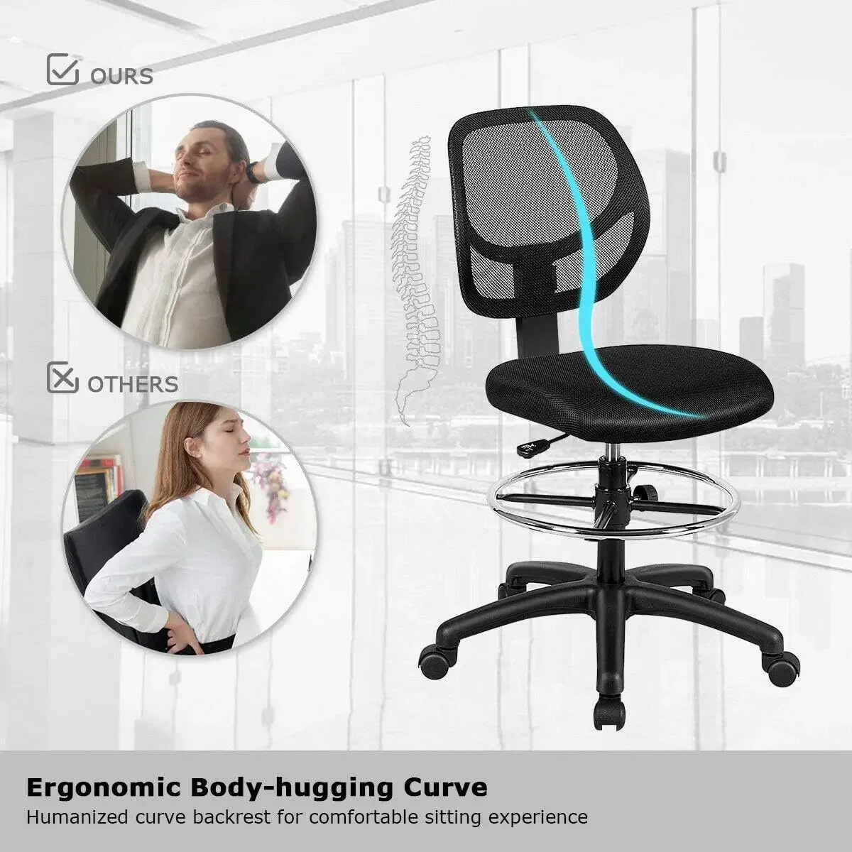 Mesh Drafting Chair, Standing Desk Chair w/Footrest Ring, Adjustable Height Chair Mid Back Tall Office Chair for Home Office, Bl