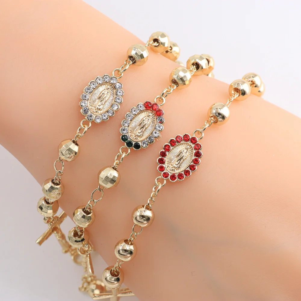 Ruixi Jewelry Fashion Religion Christian The Madonna in Art 14K Gold Diamond-encrusted Rose Catholic Jesus Cross Lady Bracelet