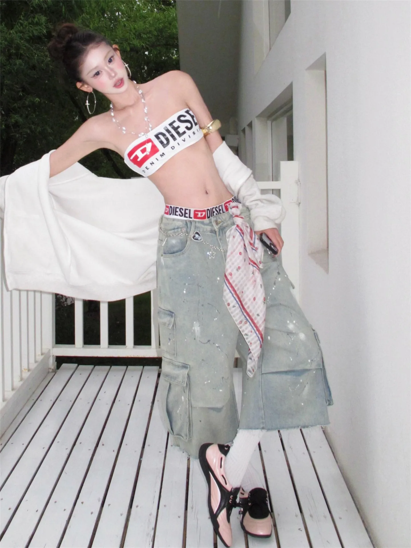 American Style Vintage Light Blue Splashed Ink Wide Leg Workwear Seven Pants Women Summer Loose Slim Multi Pocket Jeans