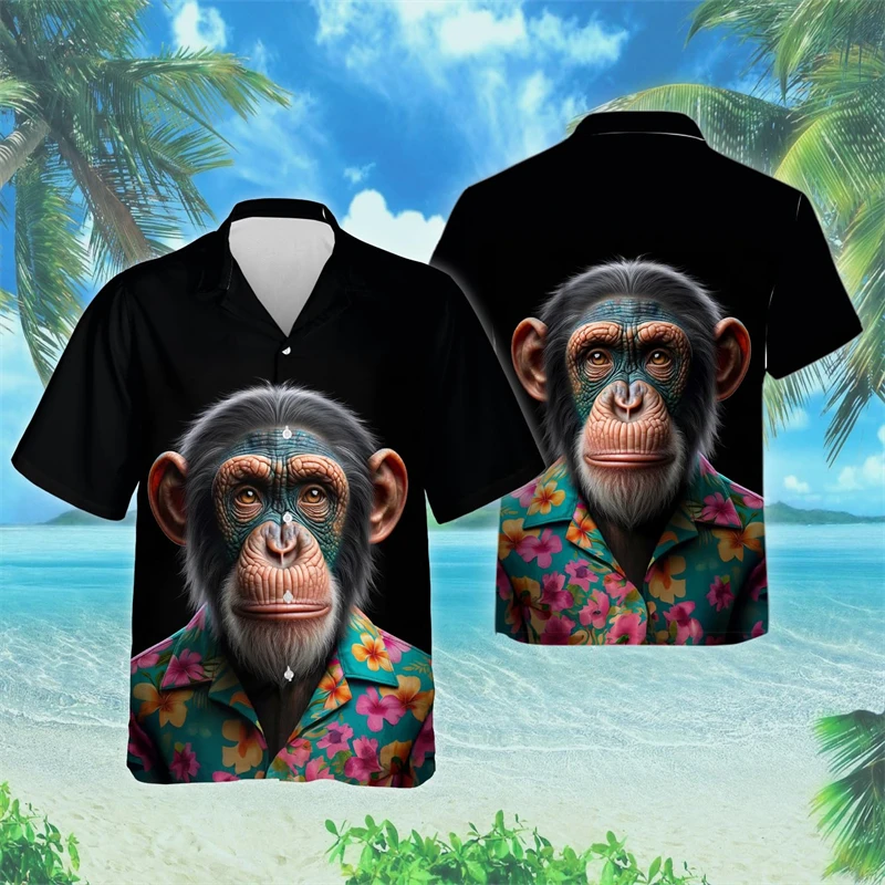 Grappige Aap 3d Bedrukte Strandshirts Casual Hawaiiaans Strandshirt Hiphop Mannelijke Korte Mouw Schattige Dames Blouses Knooptops