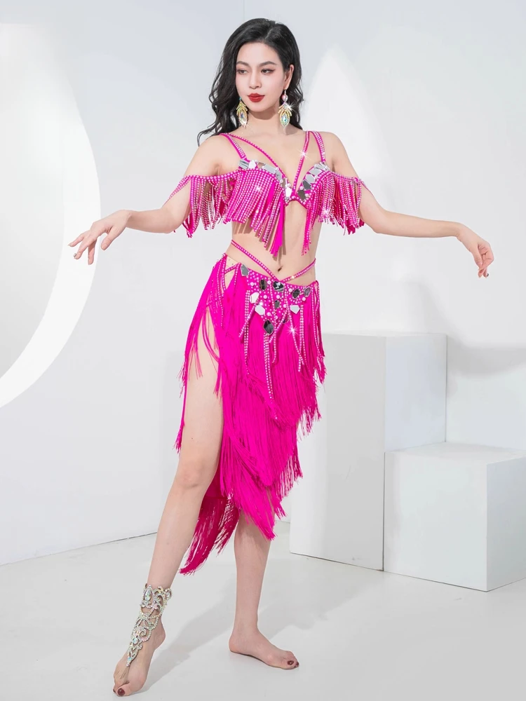 Nuevo estilo traje de actuación de danza del vientre tambor Solo espejo flecos traje de escenario dinámico