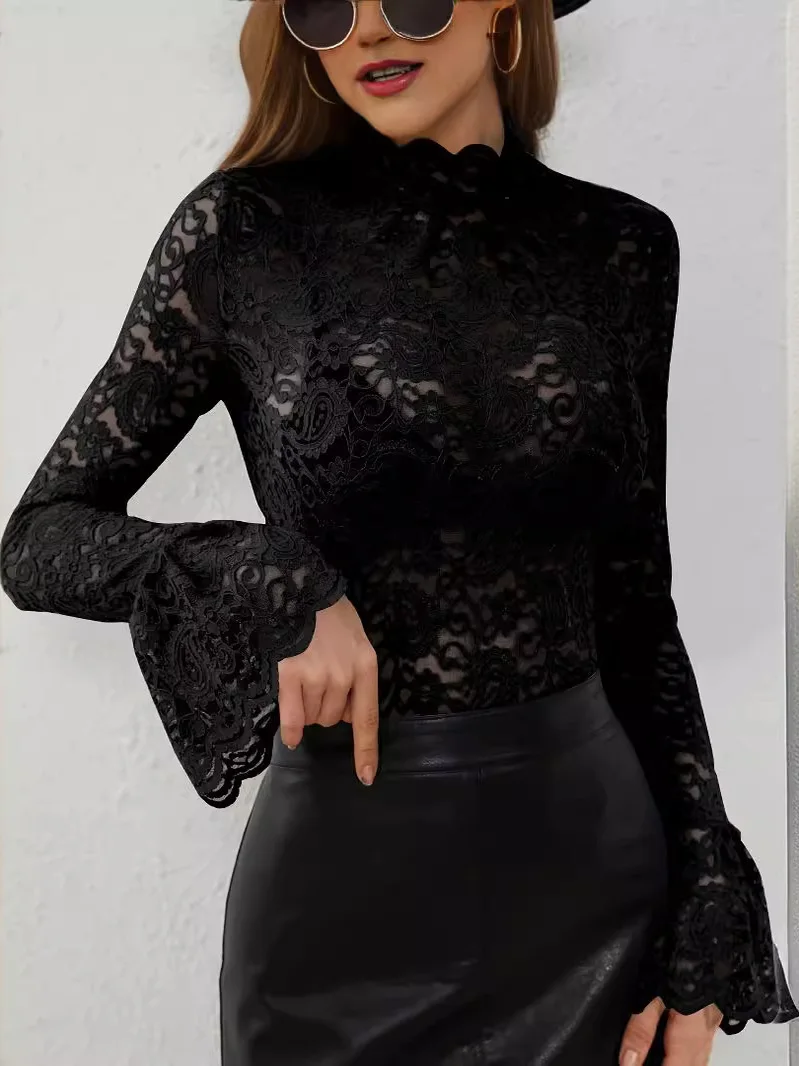 

Sexy Slim Fit Long Sve Lace irt Women's Silk Blend Faionable Bell Bot Top Quali Ladies' Lace irt