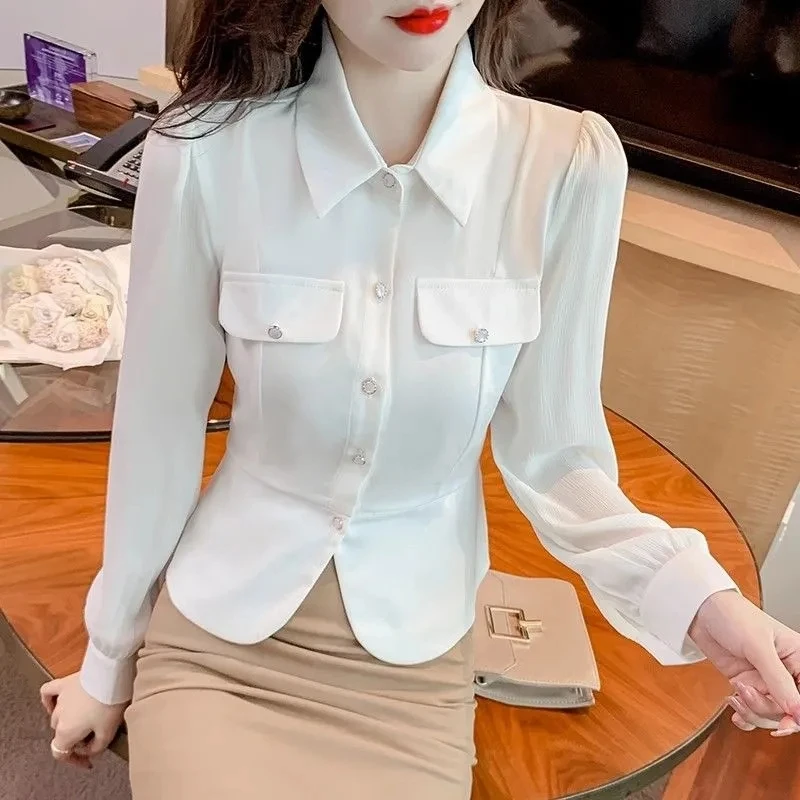 Autumn 2023 New Women Short Long-sleeved Chiffon Blouse Shirt Western-style Blouse Female  Slim Pure Colour Bottoming Shirt