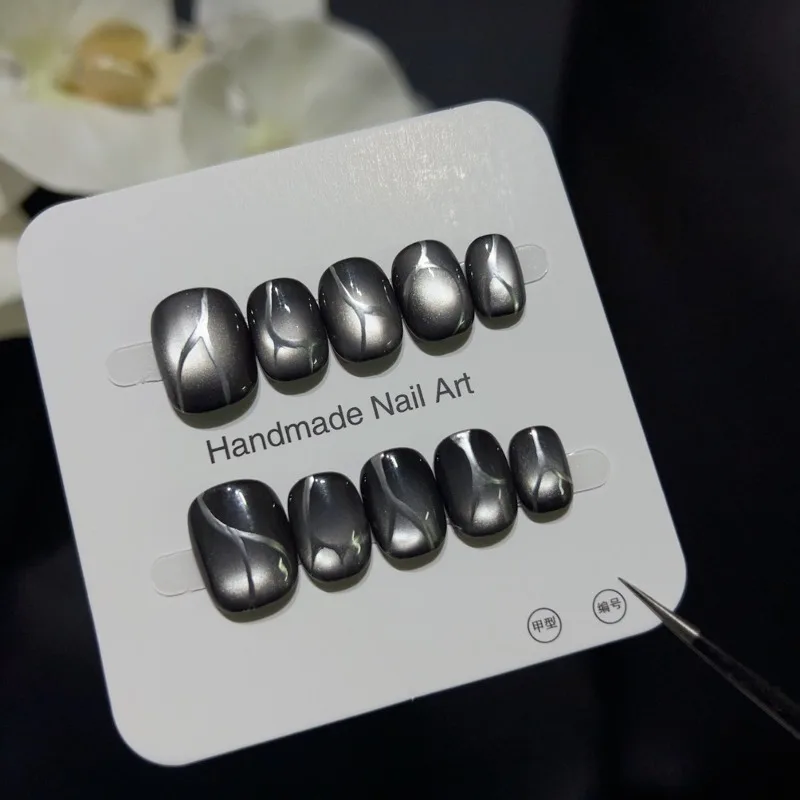 

10 шт., накладные ногти ручной работы, серебряная металлическая проволока, черный кошачий глаз, пресс для ногтей с инструментами, короткие кончики ногтей, эстетические клеевые ногти, 2025 г.