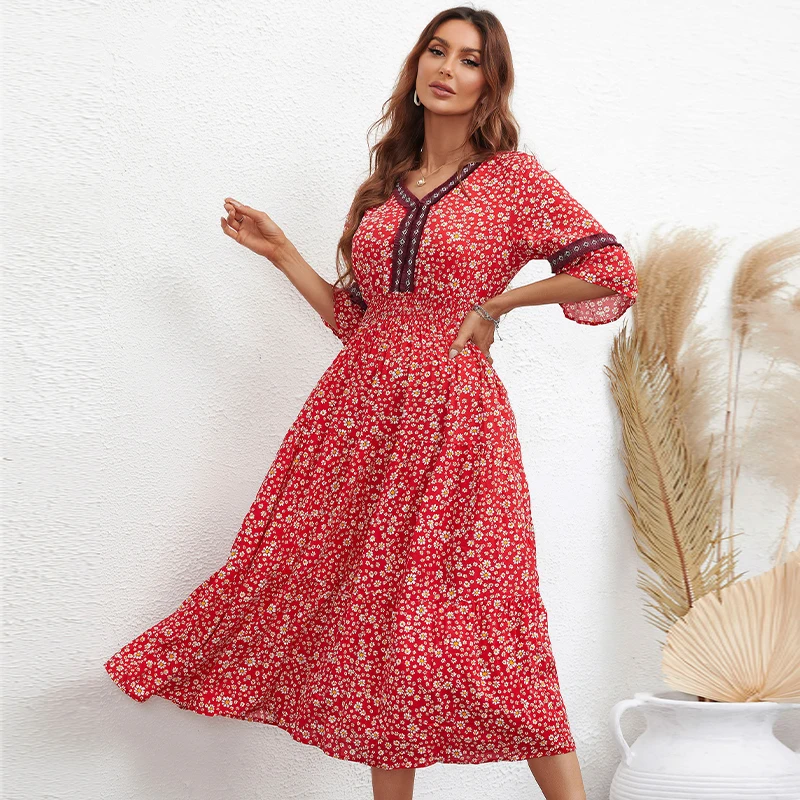 KEBY ZJ Summer Floral Print Dress Women V Neck Long Dress Elegant Short Sleeve Slim Spring Casual Female Party Dresses Vestidos