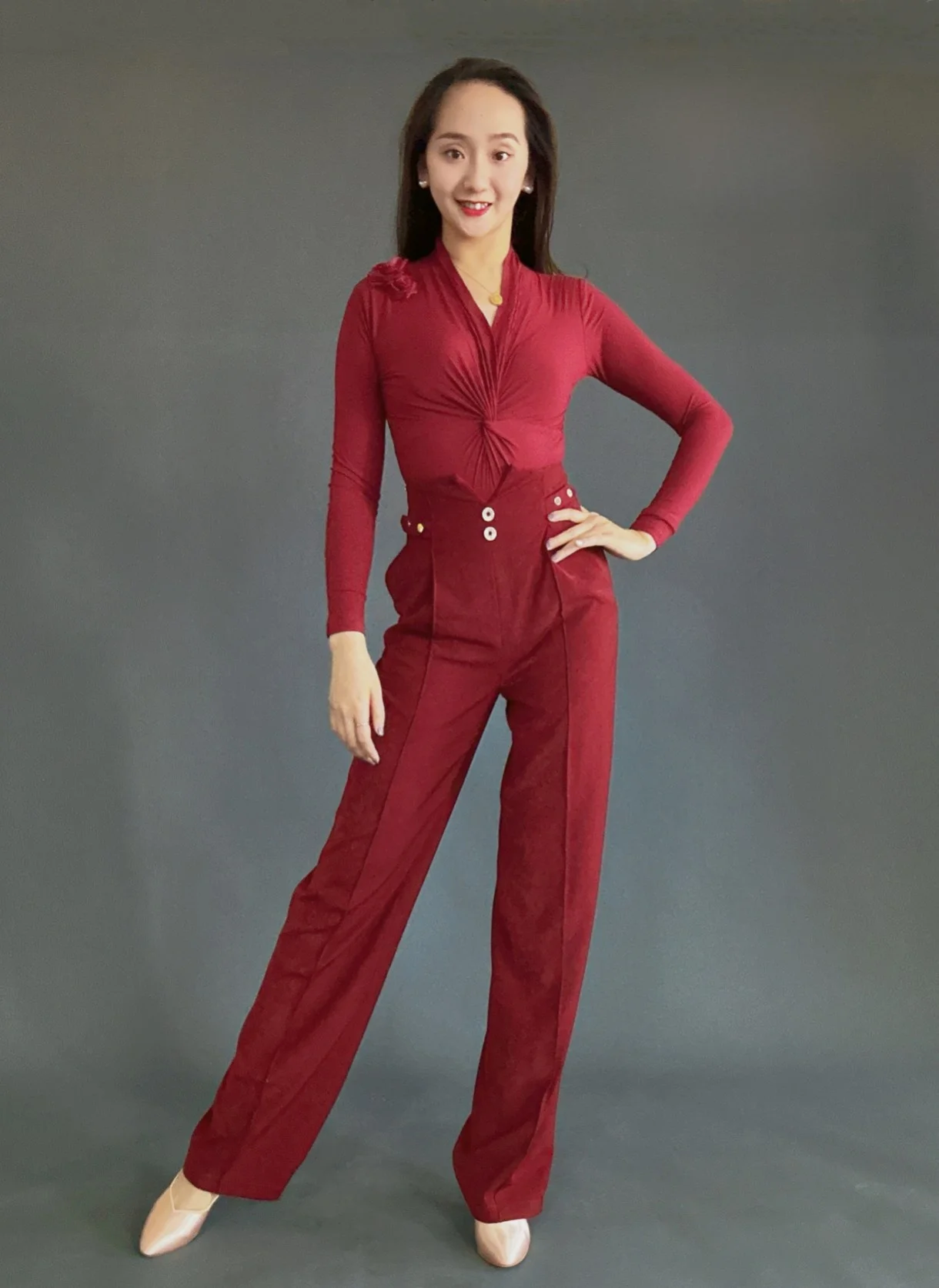 

YRSS Modern Dance Suit Autumn Winter Soft Cotton V-ne Gem Fce High Waist Pants Set Long Sve Ele Women's Dancewear