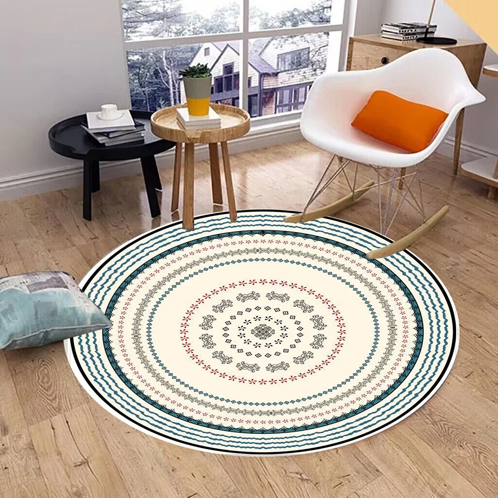 Boho Round Rug with Floral Mandala Pattern – Non-Slip Floor Mat for Bohemian Home Decor